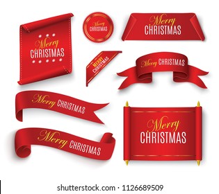 Desplácese al rojo, Feliz Navidad. pancartas de papel realistas. Cartel con felicitación. Ilustración vectorial.
