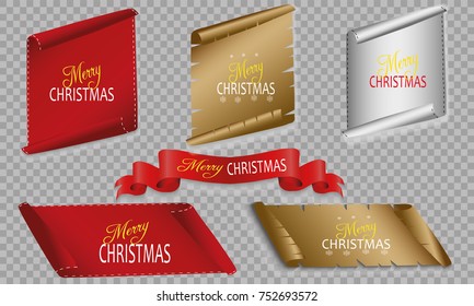 Scroll Red, Merry Christmas, realistic, paper banners. Vector illustration.