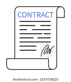 A scroll representing a contract, featuring text lines and a signature. Ideal for business, legal agreements, documentation, formal contracts, and office settings. Simplistic line art style.