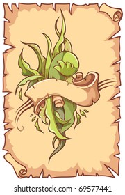 Scroll and ribbon with floral ornament, vector illustration
