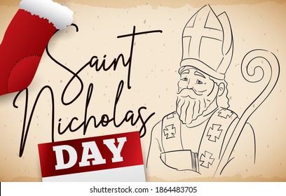 Scroll with Saint Nicholas drawing in it, decorated with stocking and calendar to commemorate his Day.