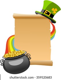 Scroll with Saint Patricks hat on top and the legendary pot of gold at the end of the rainbow at the bottom for St. Patricks or Saint Patrick s Day invitation card isolated