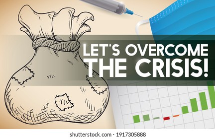 Scroll With Satchel Drawing, Half-mask, Syringe And Paper With Uprising Bars In Chart, With Optimistic Message Announcing Economic Recovery After Pandemic.