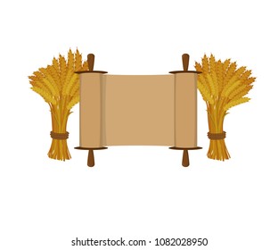 Scroll and sheaves of wheat on white background. Cartoon style.