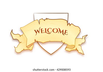 Scroll and Shield. Vintage Ribbon. Welcome Banner. Vector illustration