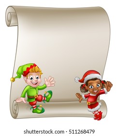 A scroll sign with cute Christmas elf helpers cartoon Characters one in a Santa hat