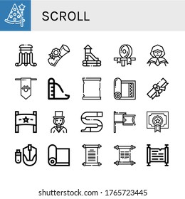 scroll simple icons set. Contains such icons as Wizard, Slider, Diploma, Slide, Ribbon, Banner, Paper scroll, Yoga mat, Scroll, Magician, can be used for web, mobile and logo