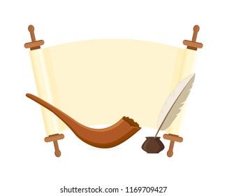 Scroll with space for text, shofar, quill and inkwell, isolated on white background