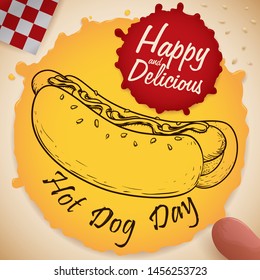 Scroll stained with ketchup and mustard sauce and a hotdog draw in it, a square napkin, sesame seeds and a real sausage scattered around it to celebrate a happy and delicious Hot Dog Day.
