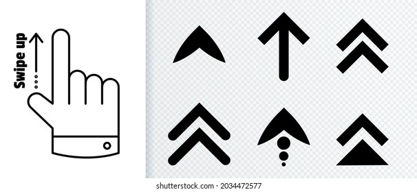 Scroll or swipe up set buttons for social media isolated on transparent background. Black arrows and hand. Web icon, symbol for advertising, marketing in social media application. Vector illustration