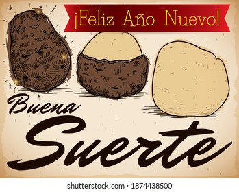 Scroll with three potatoes drawing, ribbon wishing you good luck and Happy New Year (texts written in Spanish).