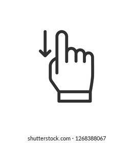 scroll through the touchscreen. hand with index finger and down arrow. linear icon. Line with editable stroke