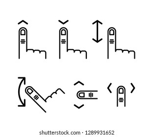 Scroll through the touchscreen. Hand with index finger and down up arrow. linear icon set. Line with editable stroke.