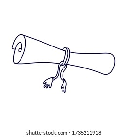 Scroll tied with a rope in doodle style. Hand drawn vector illustration in black ink isolated on white background. Great for coloring book.
