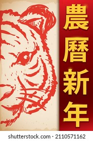 Scroll with tiger face drawing, reminding at you the Chinese New Year (written in vertical Chinese calligraphy).