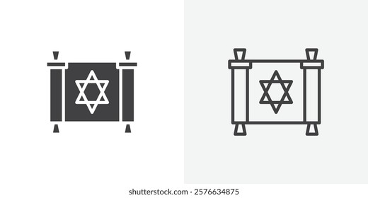 Scroll Torah icon set in black flat solid and outlined style.