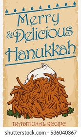 Scroll with traditional and delicious latke dish in hand drawn style celebrating Hanukkah and Hebrew cuisine.