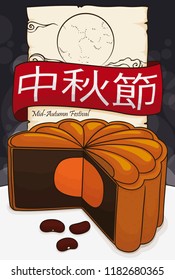Scroll with traditional full moon drawing, ribbon and delicious mooncake made with pastry of red beans for Mid-autumn Festival (written in Chinese calligraphy) celebration.