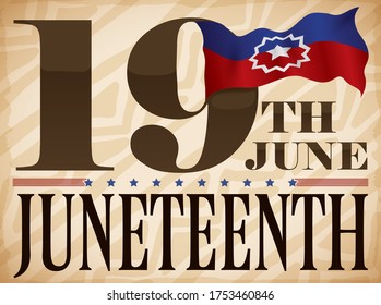 
Scroll with tribal pattern, reminder date number and waving Juneteenth flag over it, reminding at you to celebrate this American date for freedom.