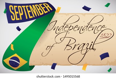 Scroll under a confetti shower and ribbon with the Brazilian colors and date commemorating Brazil Independence Day this 7th September.