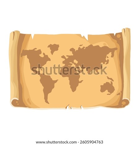 scroll unrolled roll of old paper with world map color cartoon hand drawn illustration