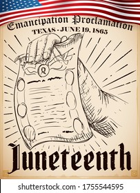 Bildlauf mit U.S.A. Fahne und Zeichnung einer Hand, die die Emanzipation Proklamation, Förderung des 19. Juni 1865 in Texas hält und Gedenken an die Veranstaltung.
