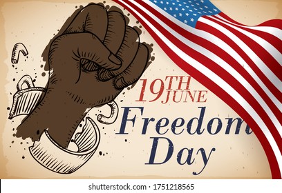 
Scroll with U.S.A. flag and shackled dark skinned fist breaking free in hand drawn style, symbolizing the freedom of African-American slaves in the commemoration of Freedom Day this 19th June.