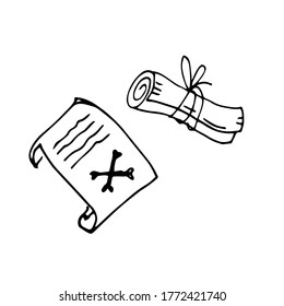 Scroll, vector illustration in Doodle style. Magic spells and a treasure map on a roll. Vintage writing for game and app design, textiles, and greeting cards.