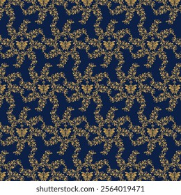 A scroll or vine pattern in luxurious blue and gold tones, featuring intricate, flowing designs that exude elegance and sophistication. Perfect for use in wallpapers, textiles, decorative art.