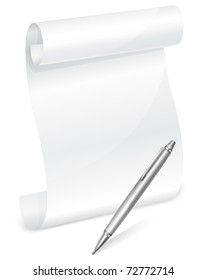 scroll white paper with grey pen, isolated vector illustration