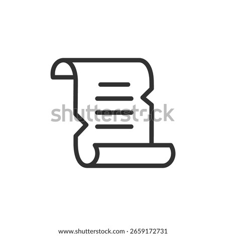 Scroll with writing, linear icon. Historical document, law, decree, or ancient text. Line with editable stroke.