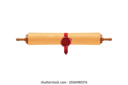 Desplazamiento de pergamino amarillo envejecido o papiro con sello de cera, plantilla realista de ilustración vectorial aislada en fondo blanco. manuscrito rodado de papel antiguo.