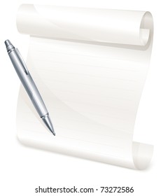 scroll yellow paper with grey pen, isolated vector illustration