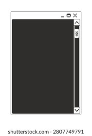 Scrollbar navigation blank monochrome pixel pop-up window. Vertical scroll bar empty page. Content control panel. Pixelated blocky interface design. Retro 16bit UI overlay. Solid web popup