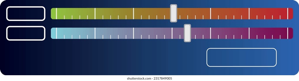 scrollbar, vector illustration. Volume, brightness. Panel slider bar. Minimum or maximum adjustment button. Horizontal drag shape, level, scale. Loading bar