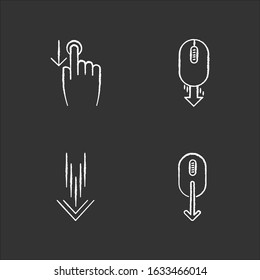 Scrolldown chalk white icons set on black background. Swipe down indicators for smartphone touchscreen. Arrows mobile app interface navigational buttons. Isolated vector chalkboard illustrations