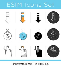 Scrolldown icons set. Swipe down indicators for smartphone touchscreen. Arrows mobile app interface navigational buttons. Linear, black and RGB color styles. Isolated vector illustrations