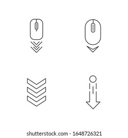Scrolldown indicators pixel perfect linear icons set. Swipe down gesture. Moving arrows buttons. Customizable thin line contour symbols. Isolated vector outline illustrations. Editable stroke