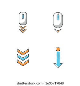 Scrolldown indicators RGB color icons set. Computer mouse and arrowheads. Swipe down gesture. Moving arrows navigational buttons. Website page browsing cursor. Isolated vector illustrations