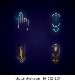 Scrolldown neon light icons set. Swipe down indicators, cursors. Arrows mobile app interface navigational buttons. Signs with outer glowing effect. Vector isolated RGB color illustrations