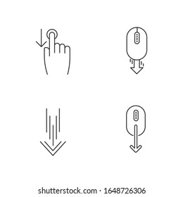 Scrolldown pixel perfect linear icons set. Swipe down indicators for smartphone touchscreen. Customizable thin line contour symbols. Isolated vector outline illustrations. Editable stroke