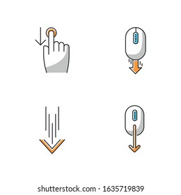 Scrolldown white and orange RGB color icons set. Swipe down indicators for smartphone touchscreen. Arrows mobile app interface navigational buttons. Isolated vector illustrations