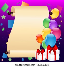 Scrolled paper with colorful balloons
