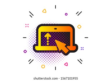 Scrolling arrow sign. Halftone circles pattern. Swipe up laptop icon. Landing page scroll symbol. Classic flat swipe up icon. Vector