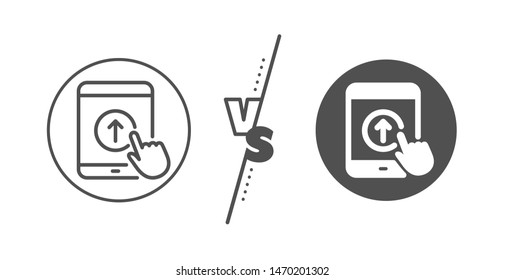 Scrolling arrow sign. Versus concept. Swipe up tablet pc line icon. Landing page scroll symbol. Line vs classic swipe up icon. Vector