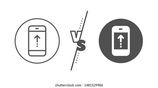 Scrolling arrow sign. Versus concept. Swipe up phone line icon. Landing page scroll symbol. Line vs classic swipe up icon. Vector