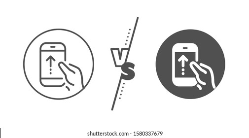Scrolling arrow sign. Versus concept. Swipe up phone line icon. Landing page scroll symbol. Line vs classic swipe up icon. Vector
