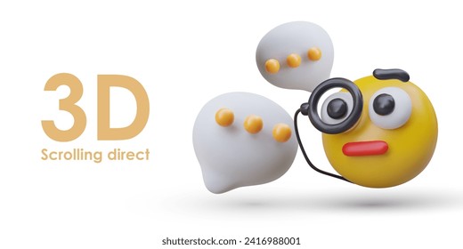 Scrolling direct. 3D emoticon with monocle looks intently at notifications and comments. Commercial illustration for application, messenger in cartoon style