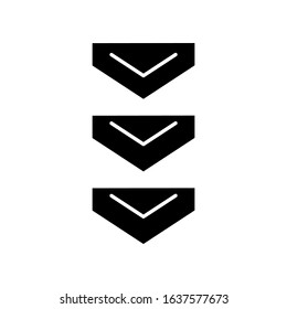 Scrolling down arrows button black glyph icon. Three downward arrowheads. Downloading process indicator for web page. Silhouette symbol on white space. Vector isolated illustration