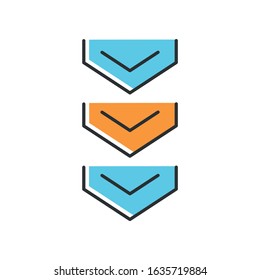 Scrolling down arrows button blue and orange RGB color icon. Three downward arrowheads. Downloading process indicator for web page. Scrolldown web cursor. Isolated vector illustration